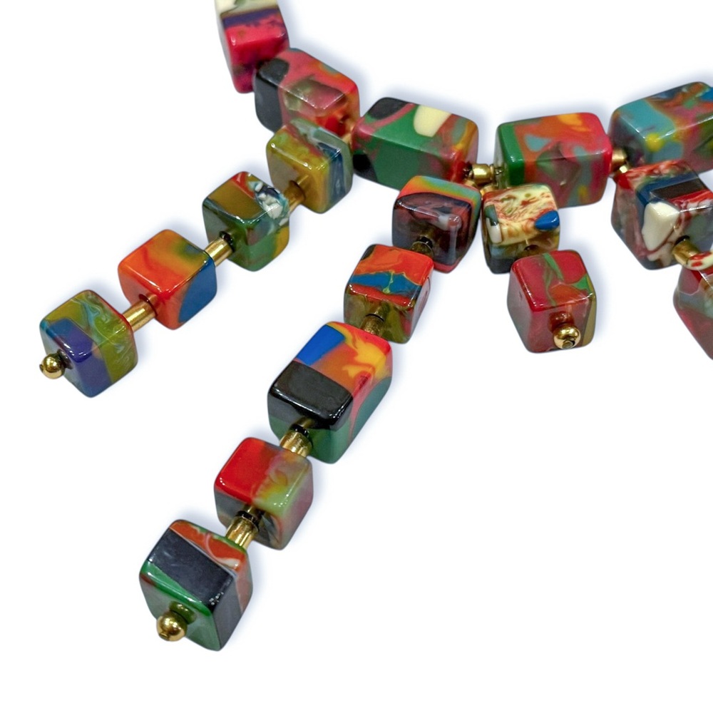 Unique Resin Necklace Beaded with Colorful Square Cube Chunks - Picture 7 of 16